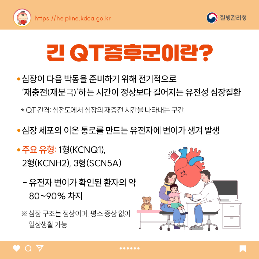 1. 긴 QT증후군이란? - 심장이 다음 박동을 준비하기 위해 전기적으로 ‘재충전(재분극)’하는 시간이 정상보다 길어지는 유전성 심장질환 * QT 간격: 심전도에서 심장의 재충전 시간을 나타내는 구간 - 심장 세포의 이온 통로를 만드는 유전자에 변이가 생겨 발생 - 주요 유형: 1형(KCNQ1), 2형(KCNH2), 3형(SCN5A) * 유전자 변이가 확인된 환자의 약 80~90% 차지 ※ 심장 구조는 정상이며, 평소 증상 없이 일상생활 가능